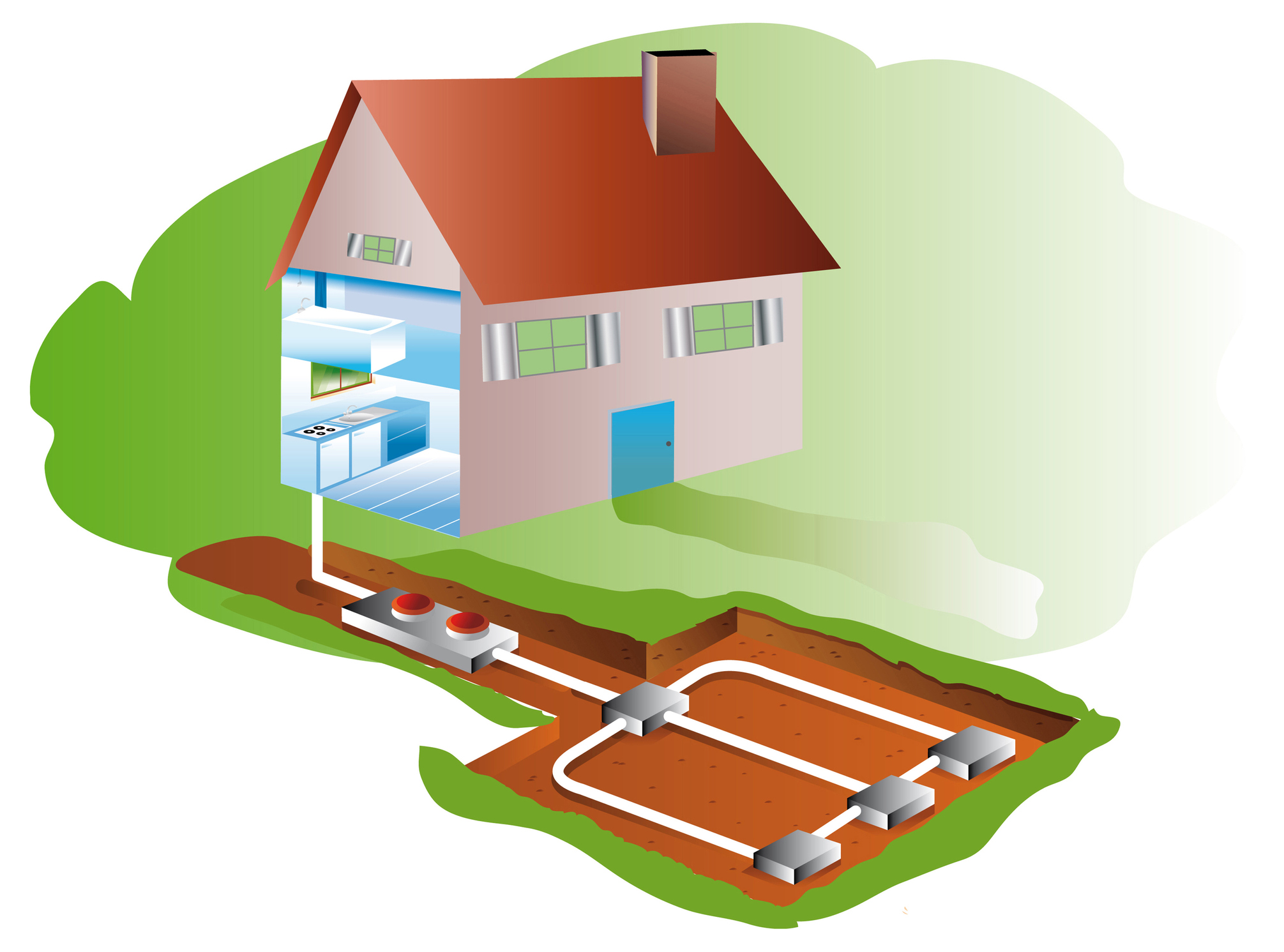 illustration of geothermal system underneath house lawn